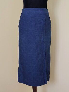 Vintage 80s/90s Dark Blue Denim Style Cotton Faux Wrap USA Made Midi Skirt - 6